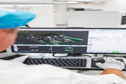 Inline-Inspektionsstationen einer SMT-Linie mit Prozessdaten auf dem Monitor